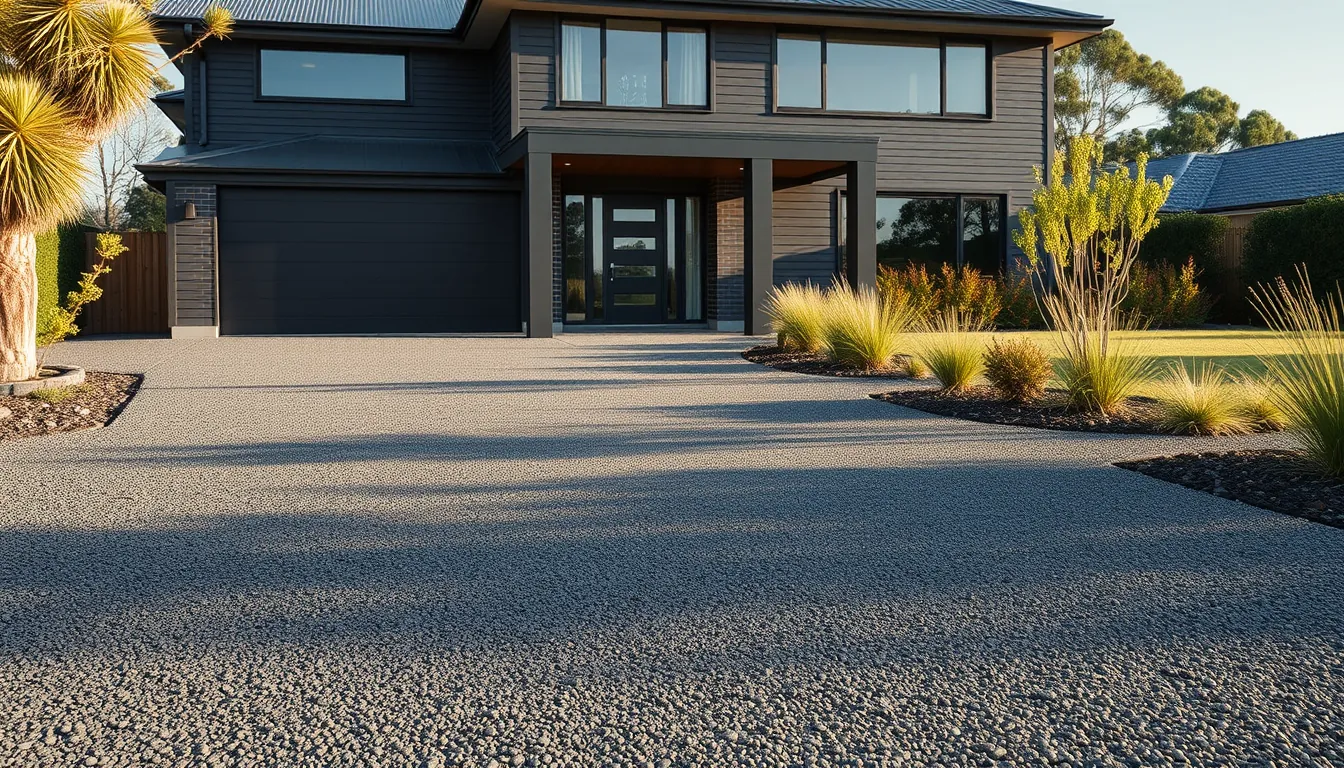 Seamless resin-bound stone driveway sweeping up to a modern home, indicative render