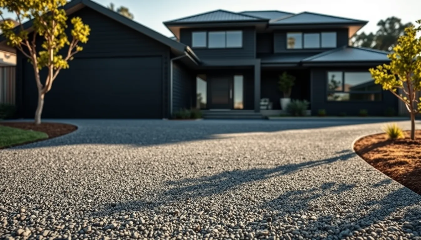 Indicative render of a seamless charcoal granite resin-bound driveway in front of a modern dark-clad home