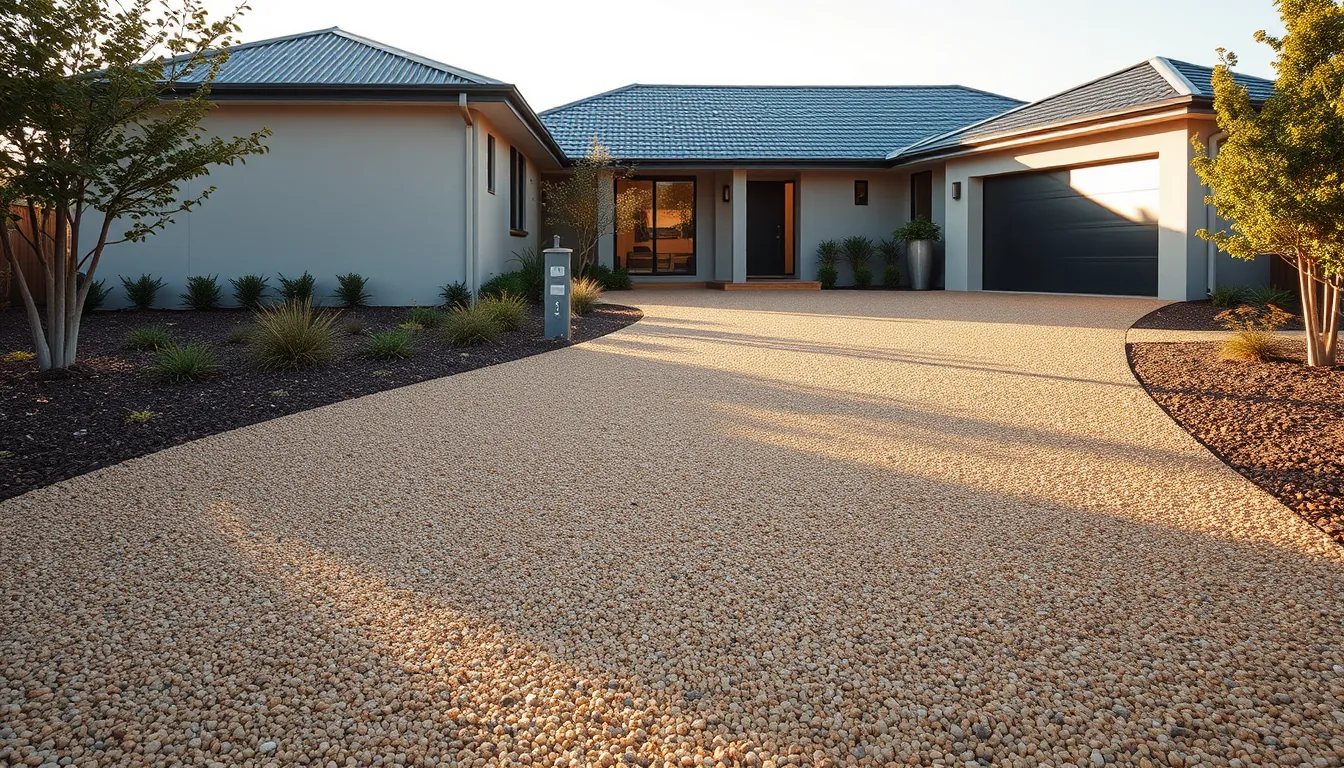 Indicative render of a warm sandstone resin-bound driveway sweeping up to a single-storey home