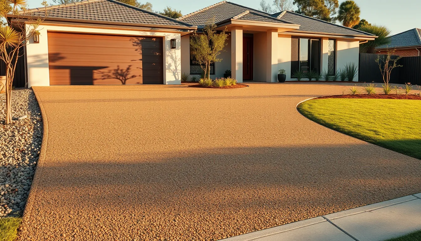 A smooth, seamless resin-bound stone garden path in warm natural tones, curving gently away with no joints, edges or loose gravel — shown as an indicative render of the finish.