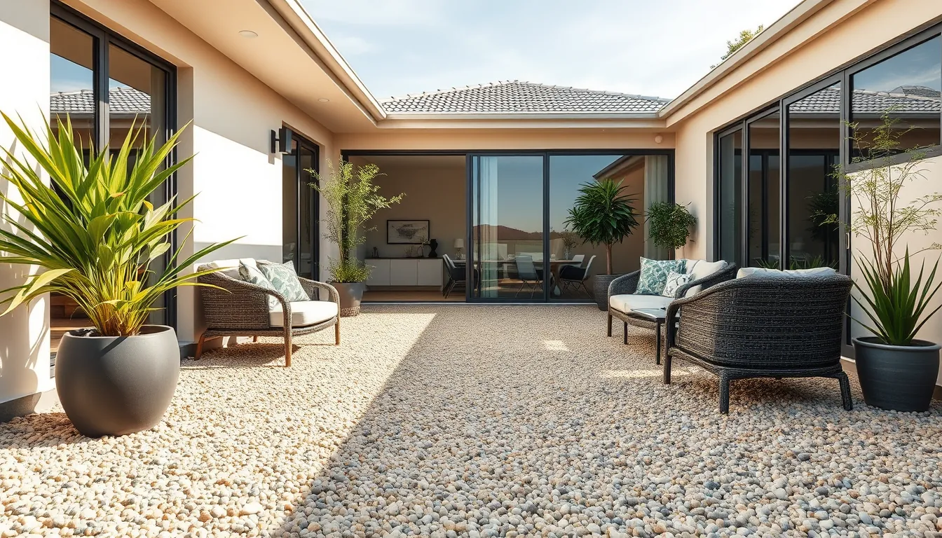 Indicative render of a warm, natural resin-bound aggregate blend — densely packed, rounded cream, honey, grey and russet stone bound flush for a smooth patio surface