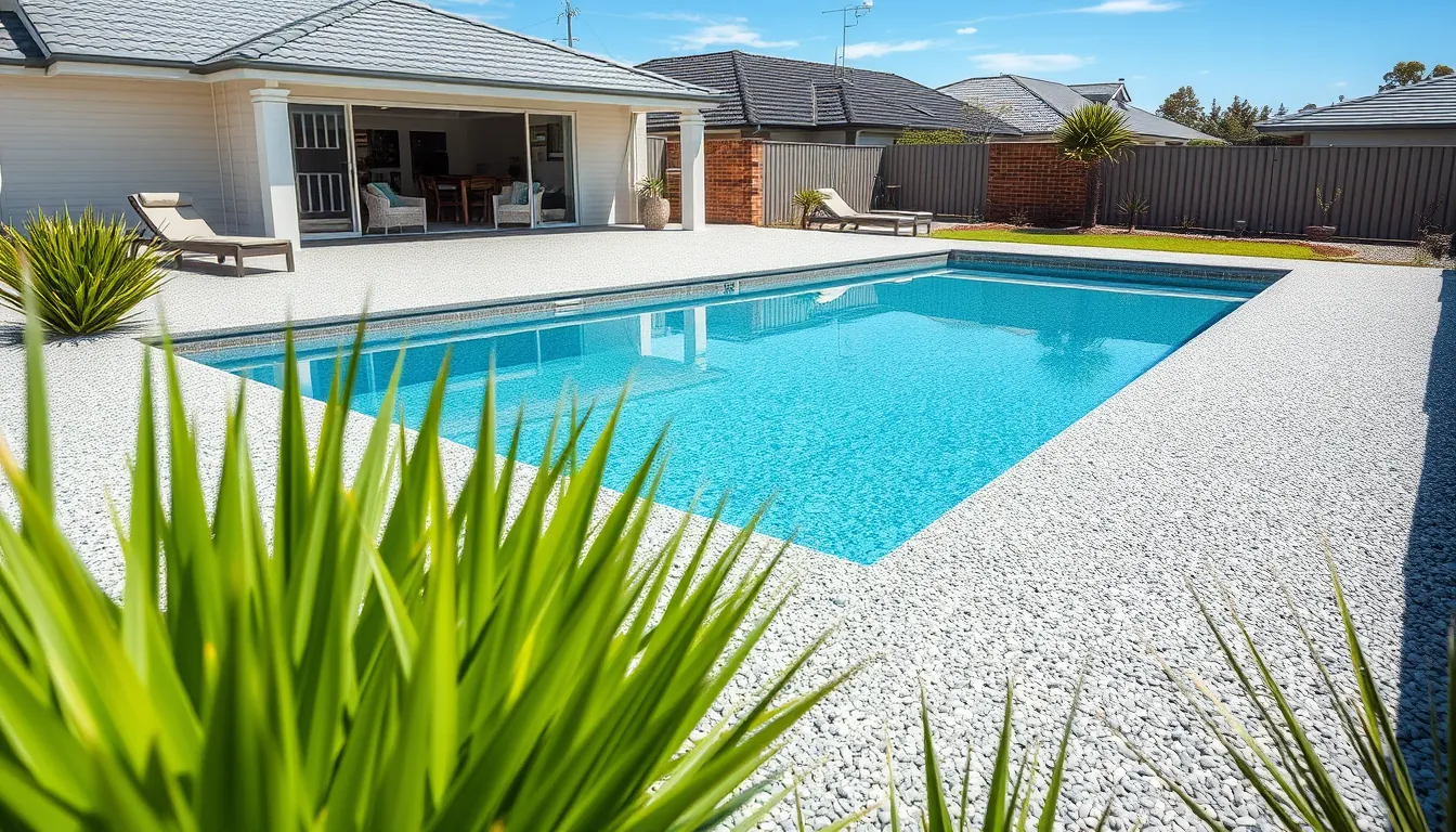 Indicative render of a silver-grey resin-bound stone pool surround wrapping a modern backyard pool — a smooth, seamless, joint-free deck with no loose pebbles, curving cleanly around the coping and pool edge.