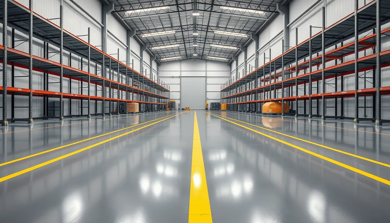 Indicative render of a warehouse with a seamless grey epoxy floor and yellow line markings