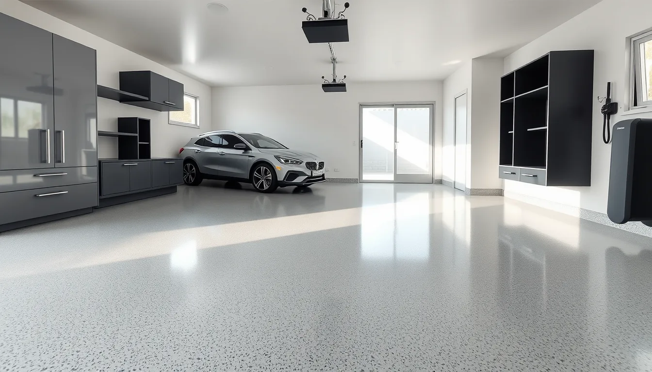 High-gloss grey flake epoxy garage floor with storage cabinets, indicative render