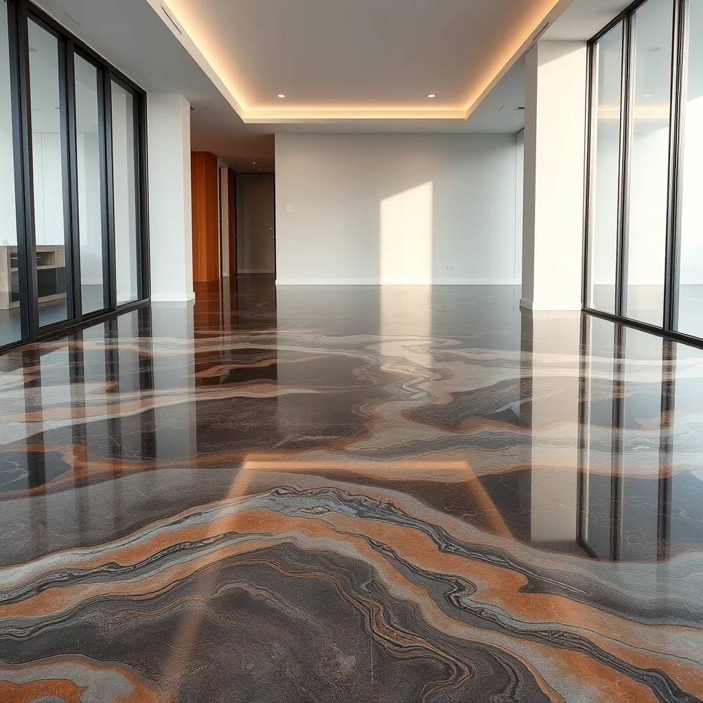 Indicative render of a decorative metallic epoxy floor with swirling pearlescent charcoal, graphite and warm bronze tones in a modern interior