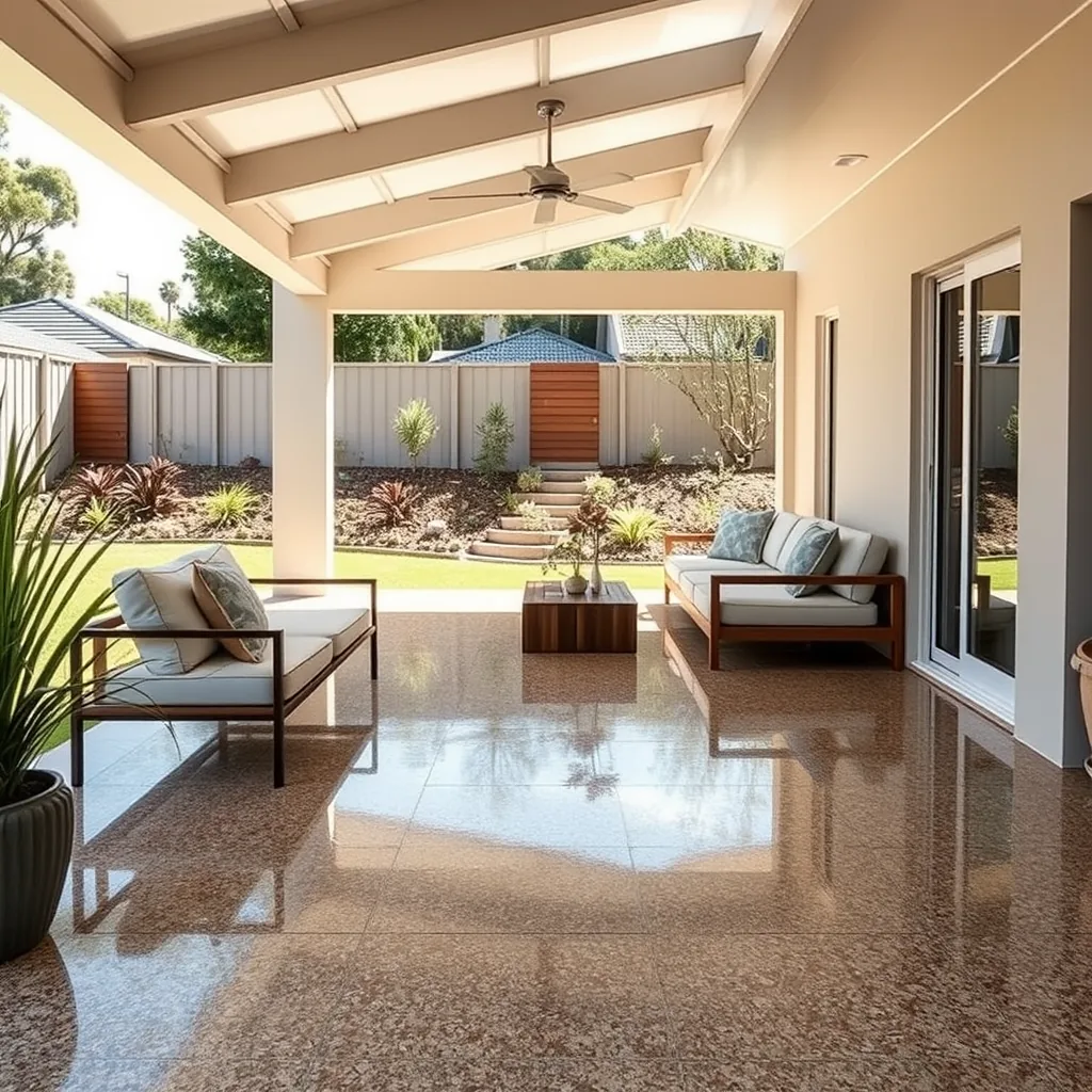Indicative render of a covered alfresco patio with a sealed decorative flake coating over concrete, outdoor furniture and a landscaped garden