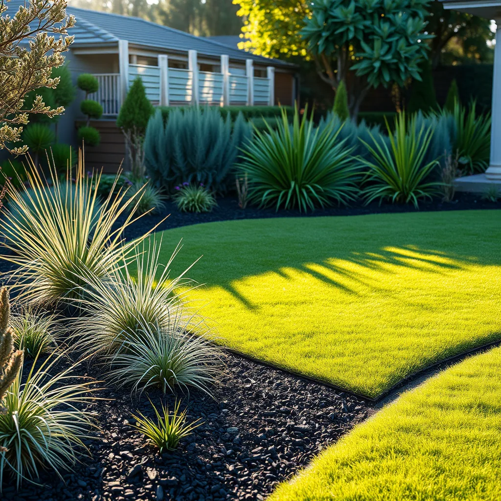 Indicative render of a beautifully landscaped modern Australian garden with a healthy green lawn meeting a border of native shrubs, ornamental grasses and dark mulch