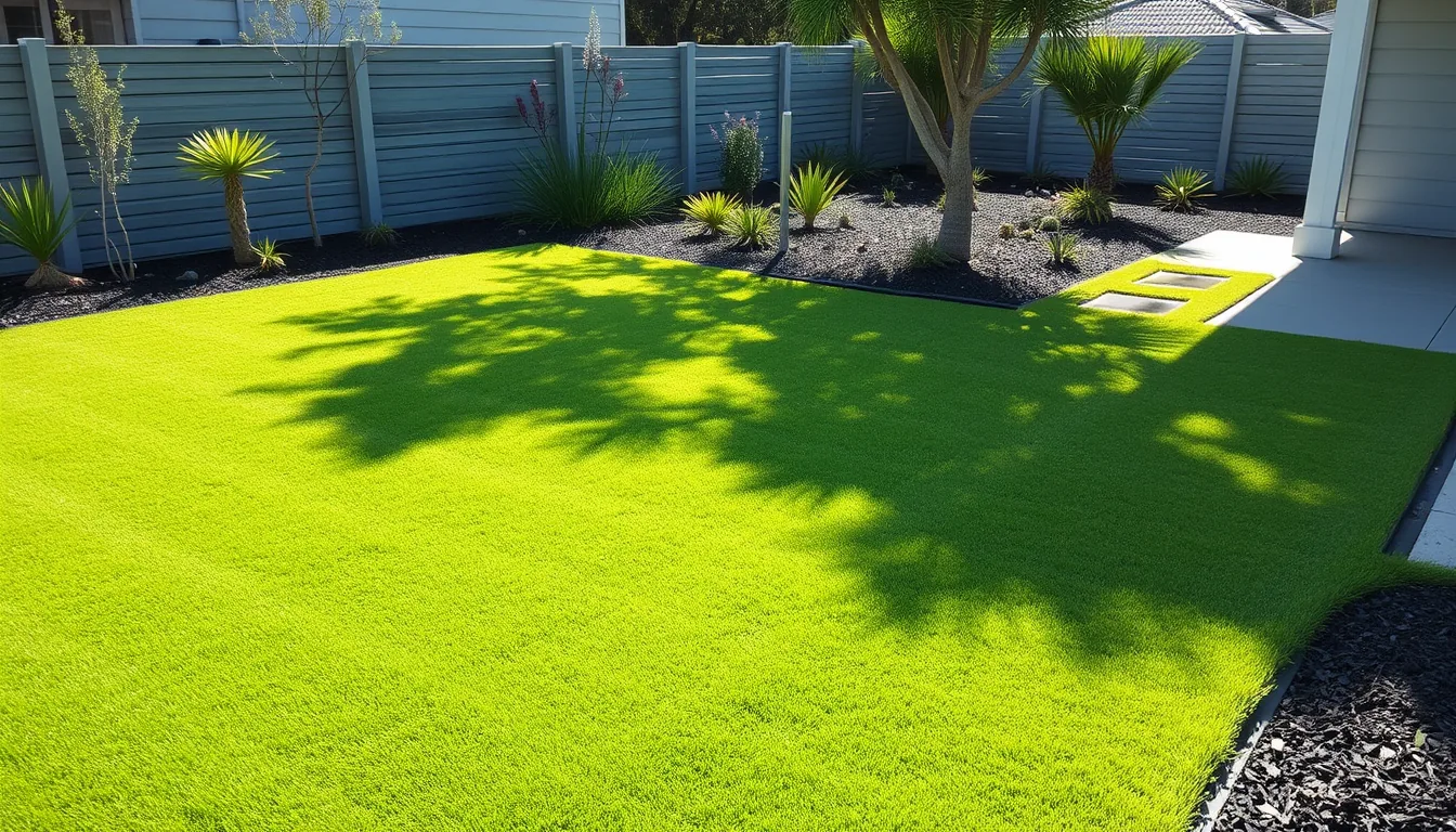 Lush level lawn in a landscaped Australian backyard with garden beds, indicative render